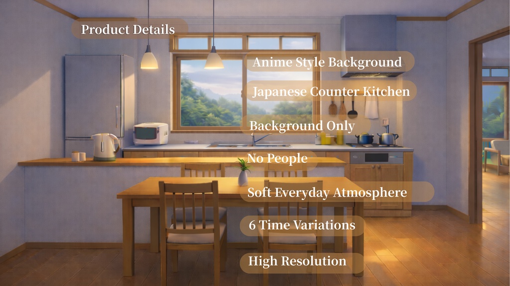 【背景素材】アニメ風カウンターキッチン背景セット(6時間差分・4K)