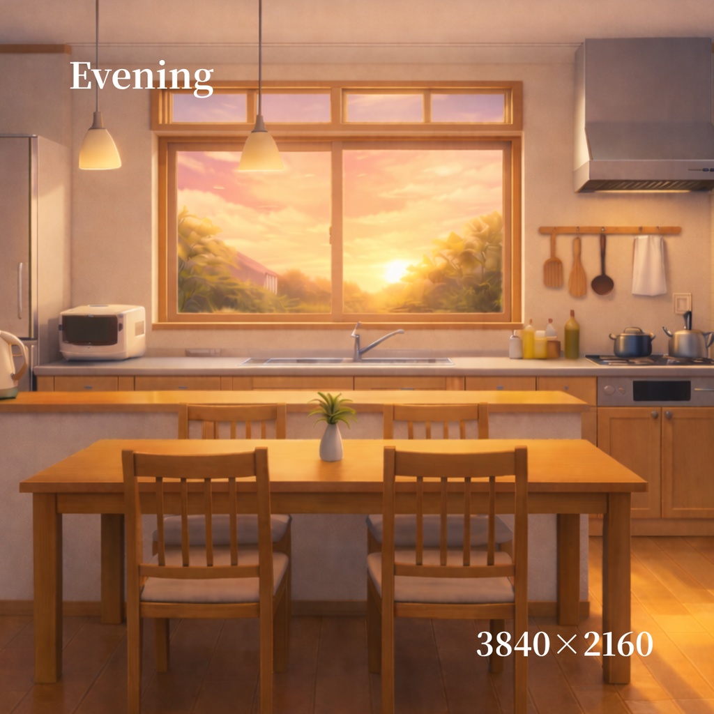 【背景素材】アニメ風カウンターキッチン背景セット(6時間差分・4K)