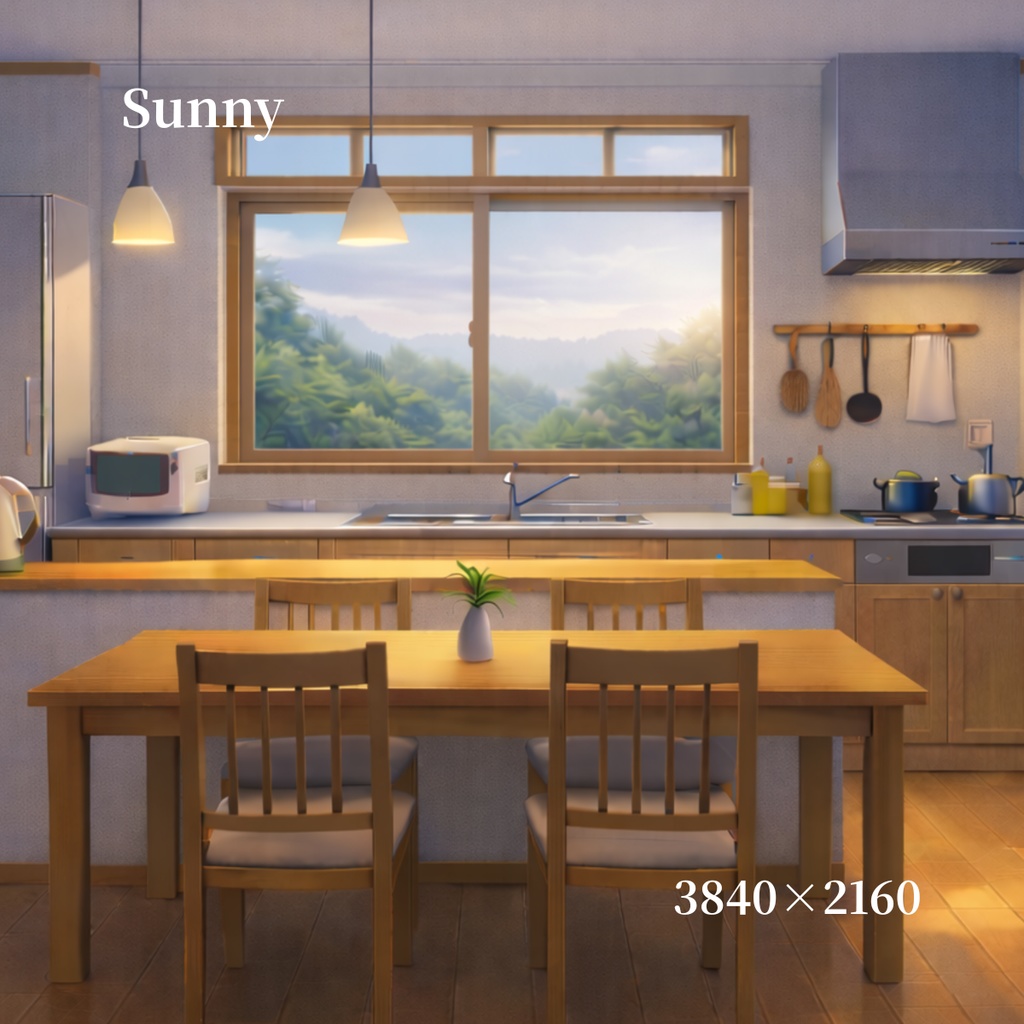 【背景素材】アニメ風カウンターキッチン背景セット(6時間差分・4K)