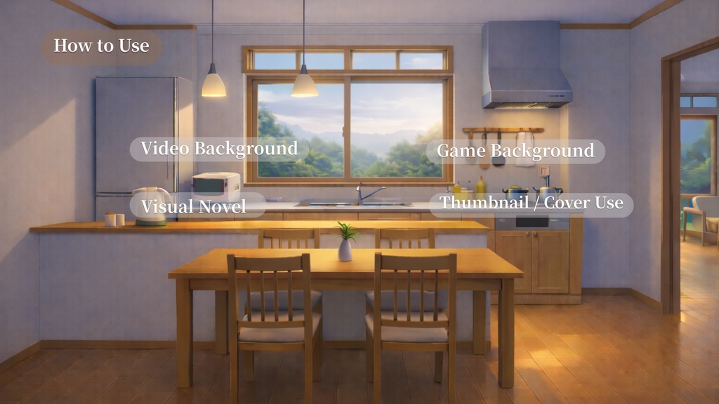 【背景素材】アニメ風カウンターキッチン背景セット(6時間差分・4K)