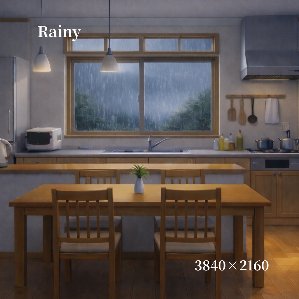 【背景素材】アニメ風カウンターキッチン背景セット(6時間差分・4K)