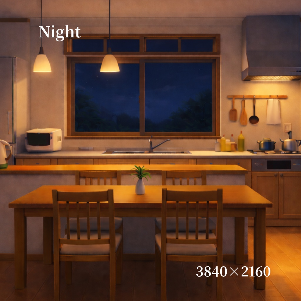 【背景素材】アニメ風カウンターキッチン背景セット(6時間差分・4K)