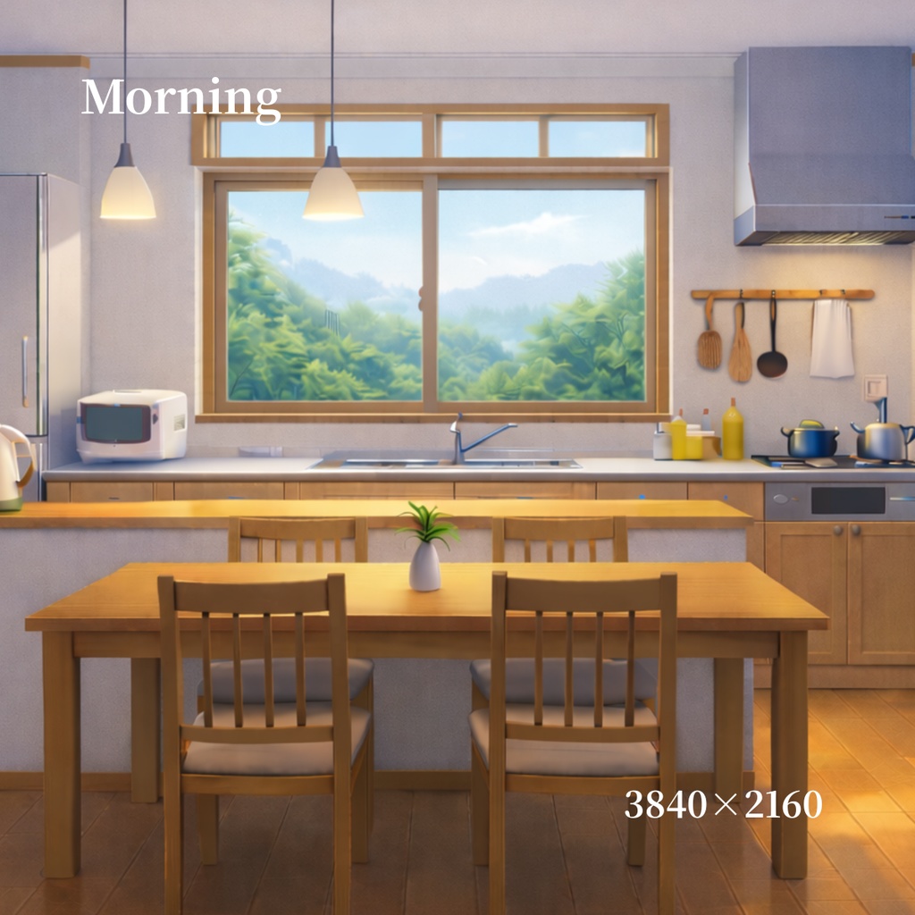 【背景素材】アニメ風カウンターキッチン背景セット(6時間差分・4K)