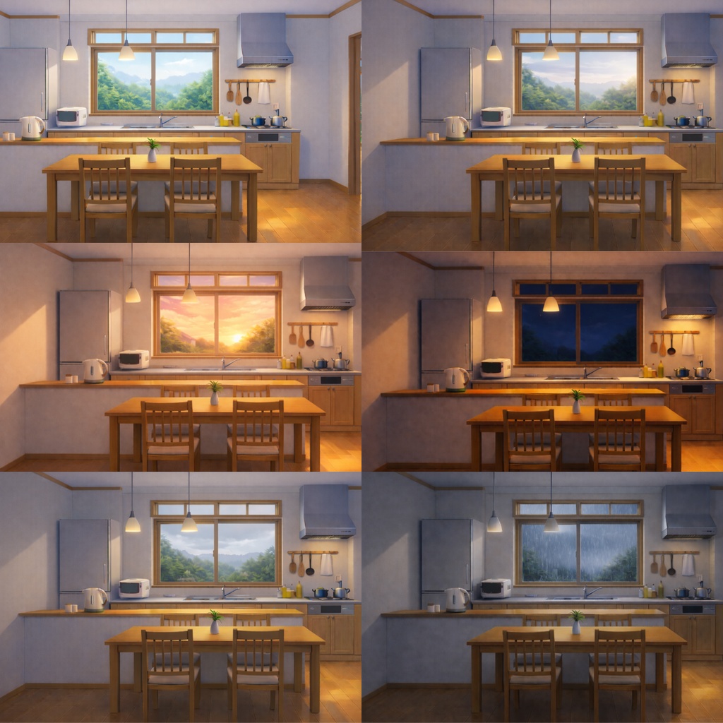 【背景素材】アニメ風カウンターキッチン背景セット(6時間差分・4K)