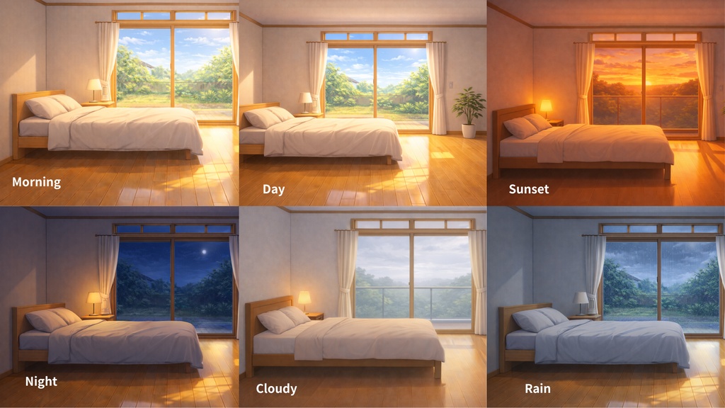 アニメ背景素材|Japanese Bedroom|6差分(朝・昼・夕・夜・曇り・雨)高解像度PNG