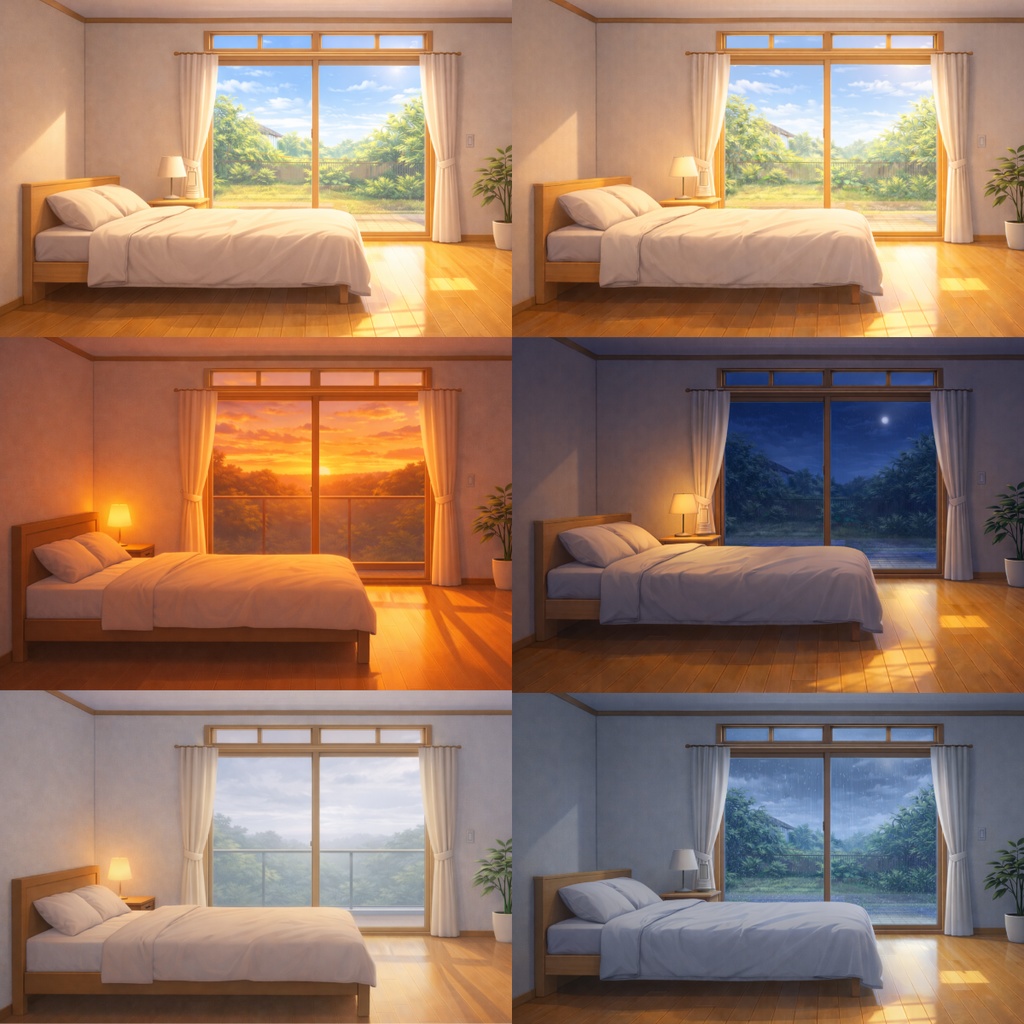 日本の寝室背景素材セット ‐朝から夜まで選べる6差分‐