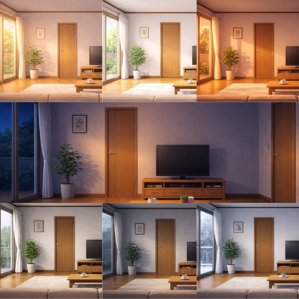 【全天候・全時間対応】リビング背景:ソファからの特等席(7バリエーション)(全7種セット)