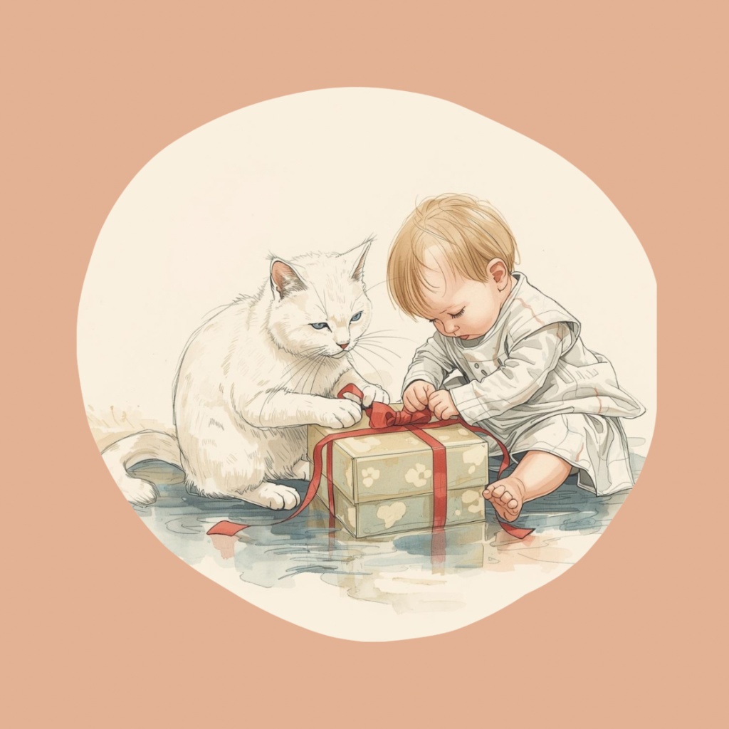 Gentle Christmas ─ 白猫と赤ちゃんの水彩アート素材集(7PNG)