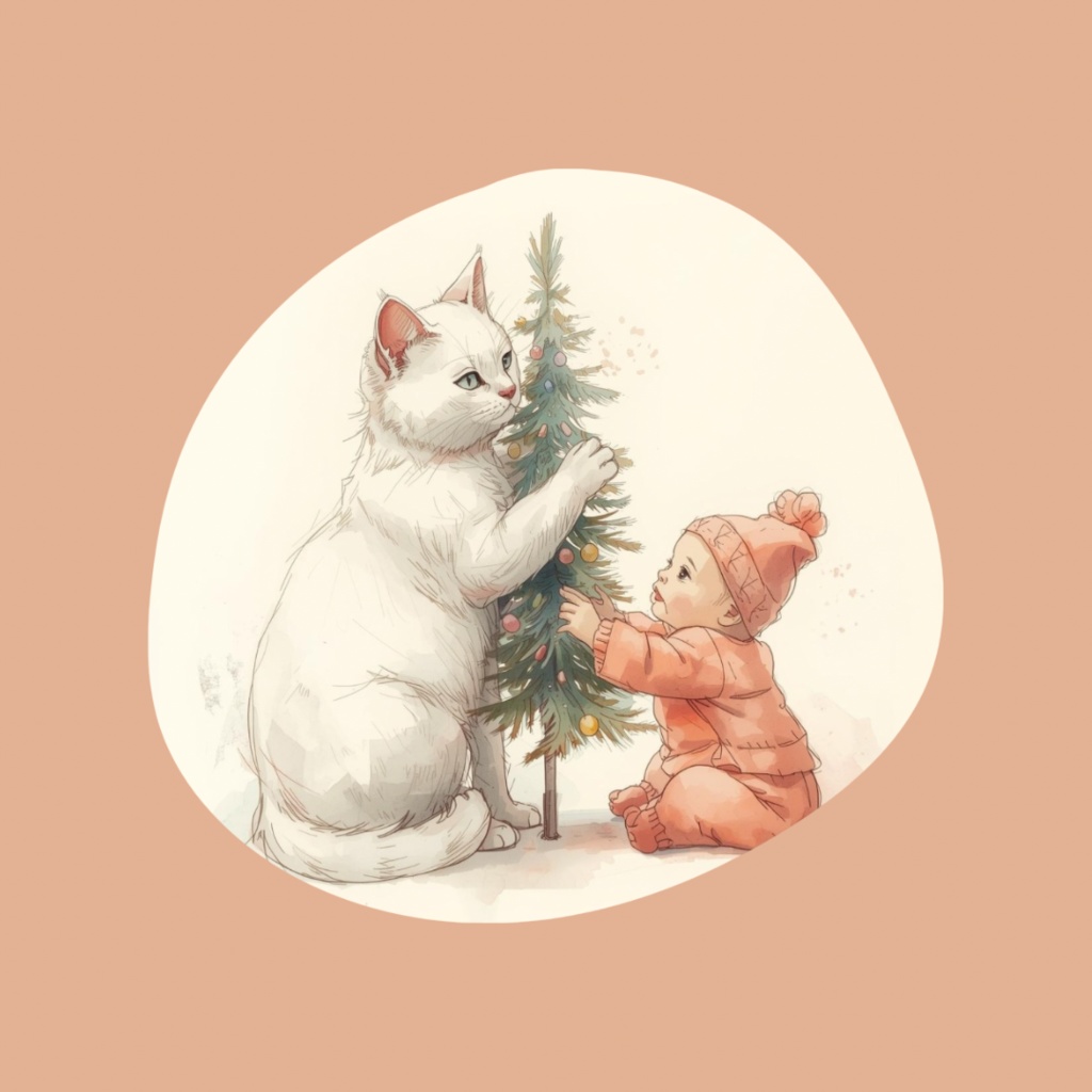 Gentle Christmas ─ 白猫と赤ちゃんの水彩アート素材集(7PNG)