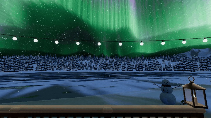 【限定価格】【VRChatワールド】極光の山小屋 ― 動くオーロラの空と、雪の湖畔のログハウス【PC/Quest対応】