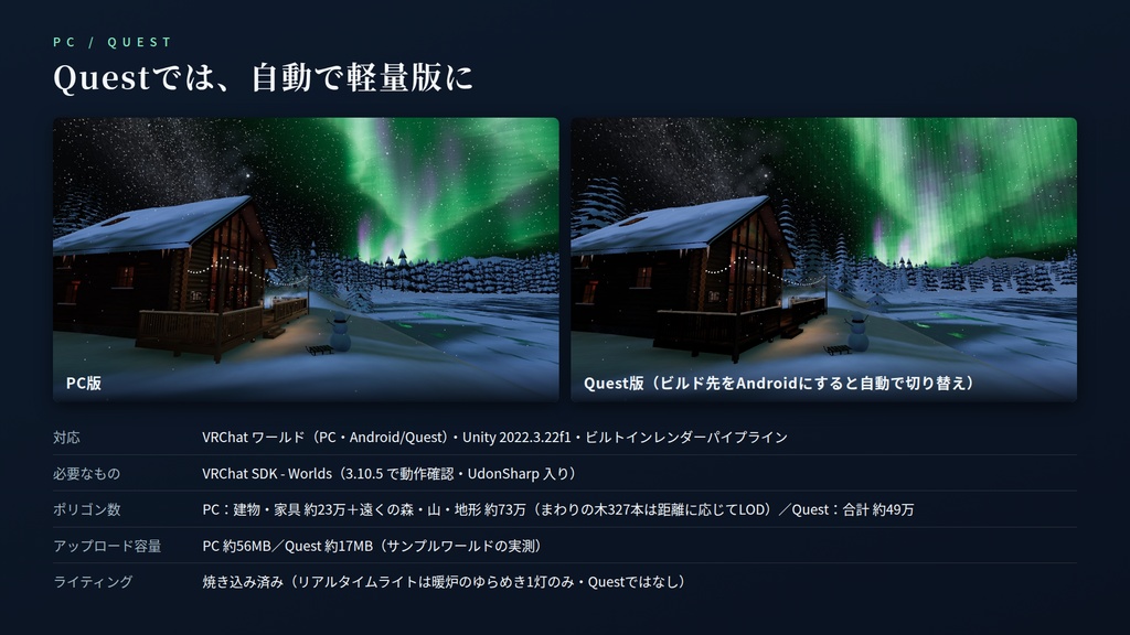 【限定価格】【VRChatワールド】極光の山小屋 ― 動くオーロラの空と、雪の湖畔のログハウス【PC/Quest対応】