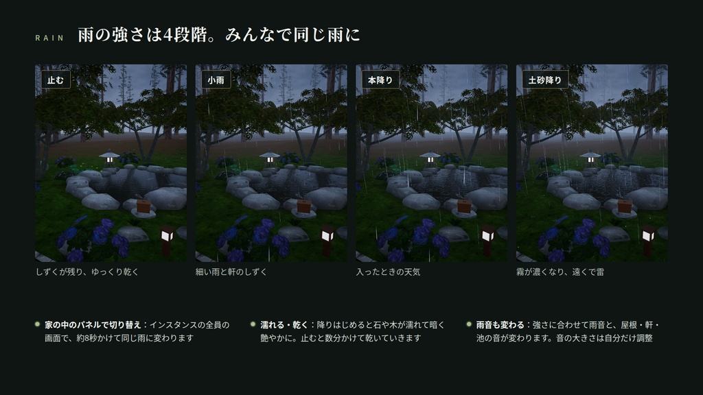 【VRChatワールド】緑雨の邸 ― 雨音を聴く、苔庭と池のある和モダンの家【PC/Quest対応】