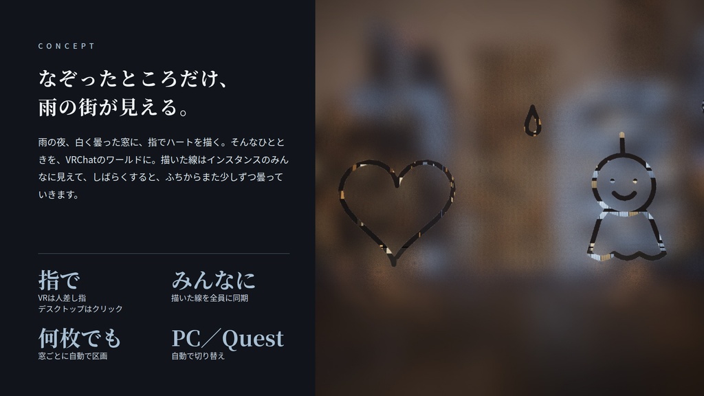 【VRChatワールド用ギミック】くもり窓 ― 曇った窓に、指でお絵かき【PC・Quest対応】