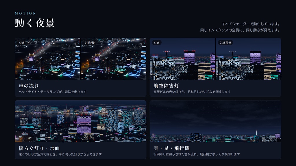 【VRChatワールド用】動くスカイボックス「東京夜景の空」実在の街から作った東京の夜景・車の流れ・航空障害灯【PC/Quest対応】