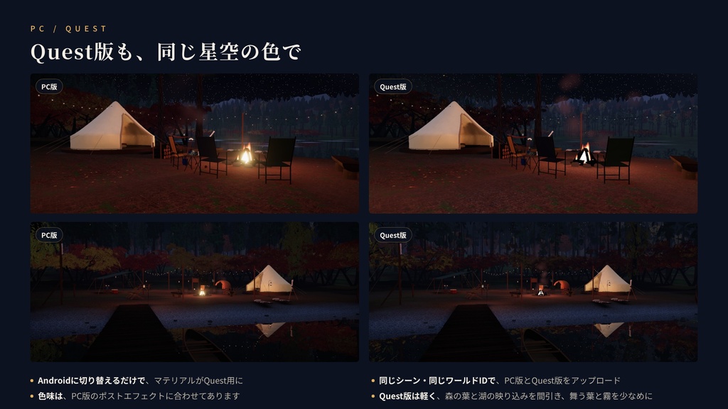 【VRChatワールド】星見の湖畔キャンプ ― 満天の星と焚き火、湖のほとりのキャンプ場【PC・Quest対応】