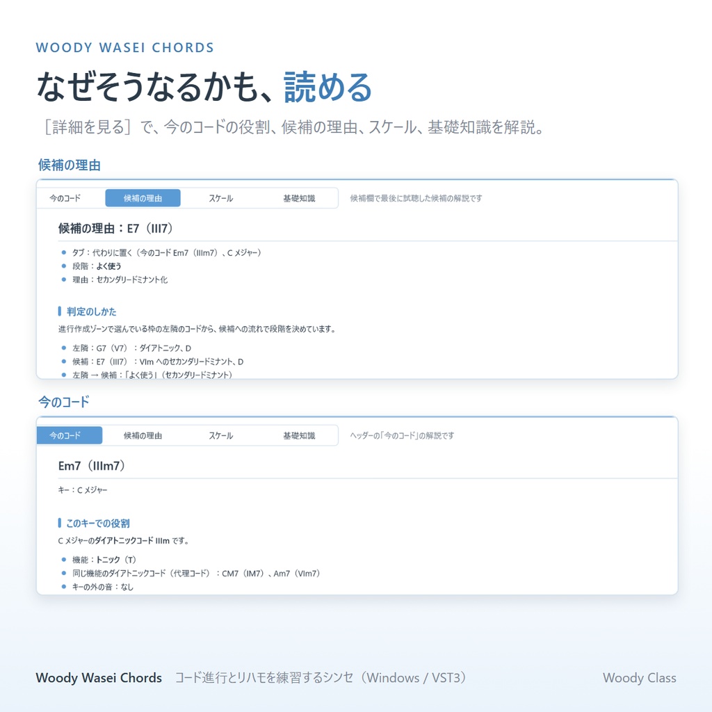 Woody Wasei Chords ― コード進行とリハモを練習するシンセ