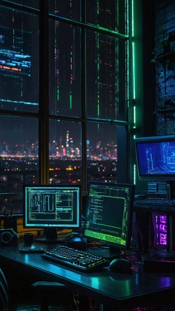 Cyberpunk Hacker Room – Futuristic Neon AI Art Wallpaper Pack (10 Images)