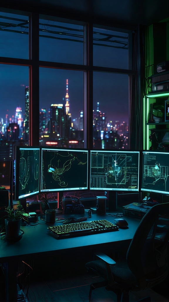 Cyberpunk Hacker Room – Futuristic Neon AI Art Wallpaper Pack (10 Images)