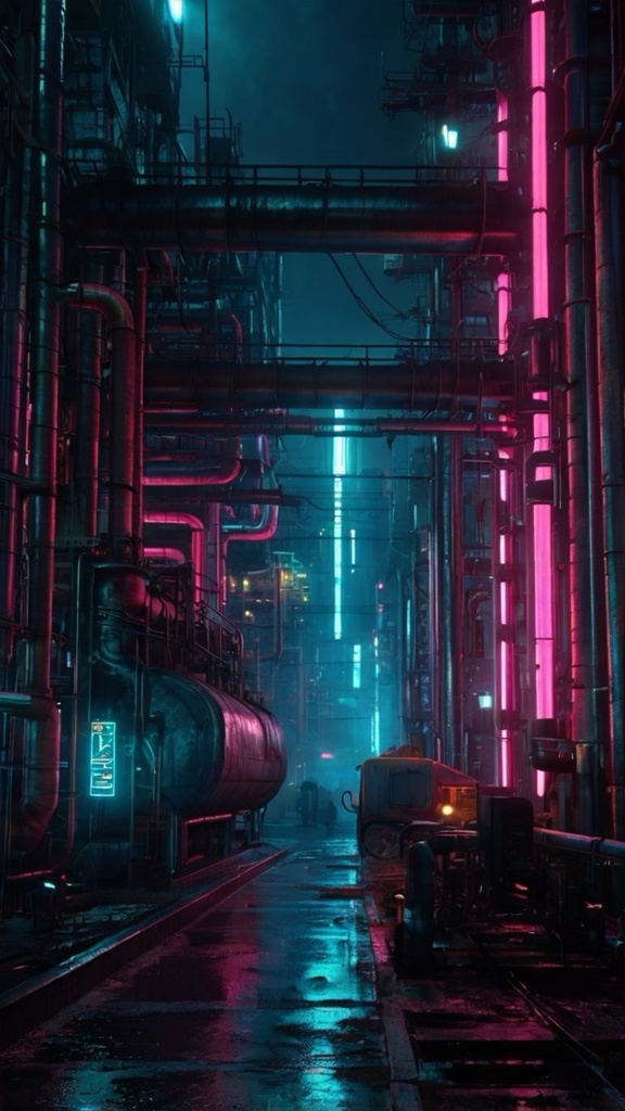 Cyberpunk Industrial Zone – Futuristic Factory Phone Wallpapers (10 Images)