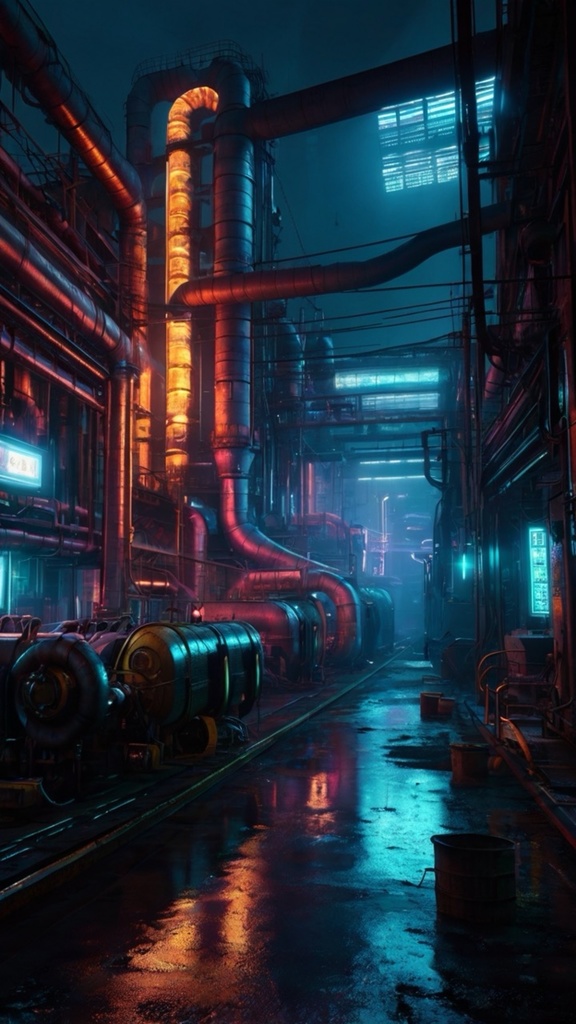 Cyberpunk Industrial Zone – Futuristic Factory Phone Wallpapers (10 Images)