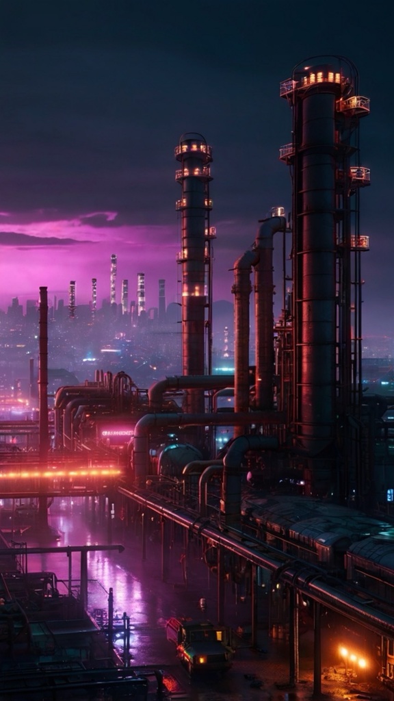 Cyberpunk Industrial Zone – Futuristic Factory Phone Wallpapers (10 Images)
