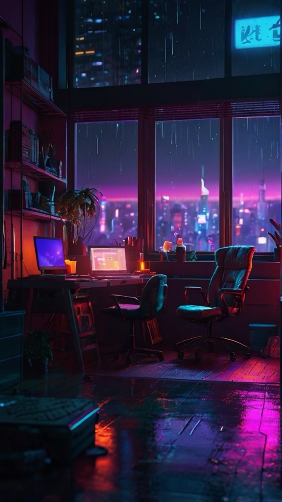 Cyberpunk Cozy Room – Futuristic AI Art Wallpaper Pack (10 Images)