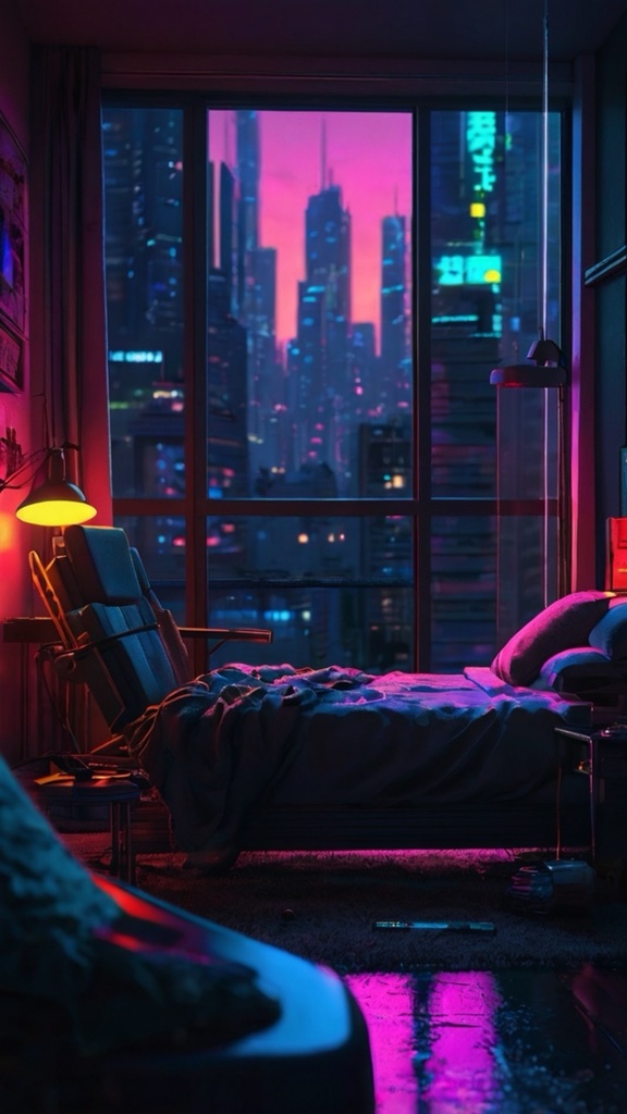 Cyberpunk Cozy Room – Futuristic AI Art Wallpaper Pack (10 Images)