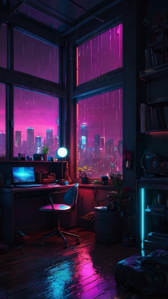 Cyberpunk Cozy Room – Futuristic AI Art Wallpaper Pack (10 Images)