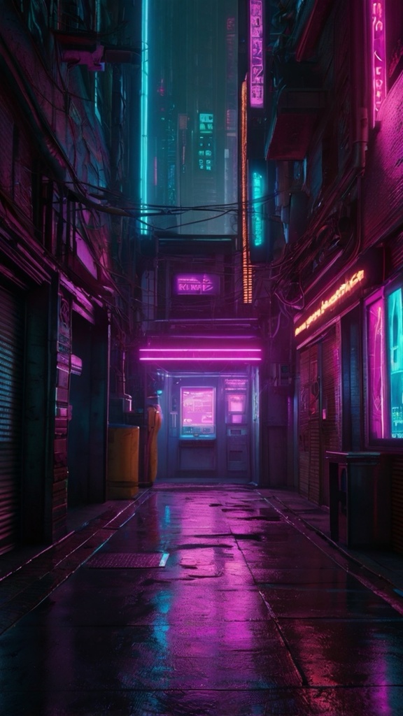 Cyberpunk Neon Alley – Futuristic Purple City Backstreet AI Wallpaper Pack (10 Images)