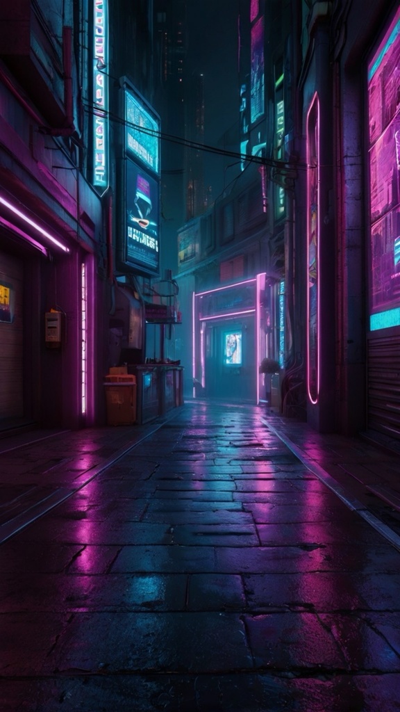 Cyberpunk Neon Alley – Futuristic Purple City Backstreet AI Wallpaper Pack (10 Images)