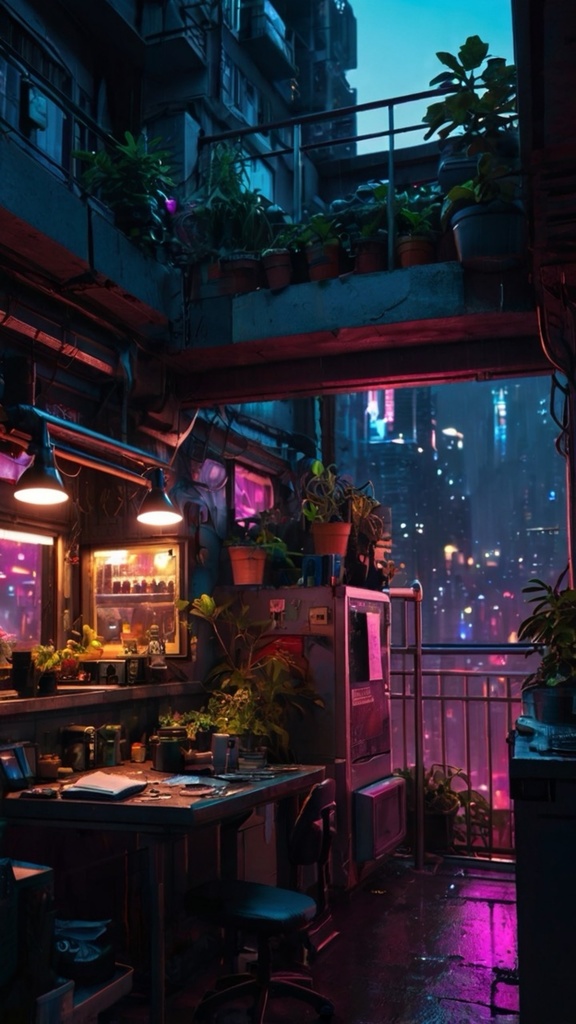 Cyberpunk Apartment Night View – Futuristic Neon City AI Wallpaper Pack (10 Images)