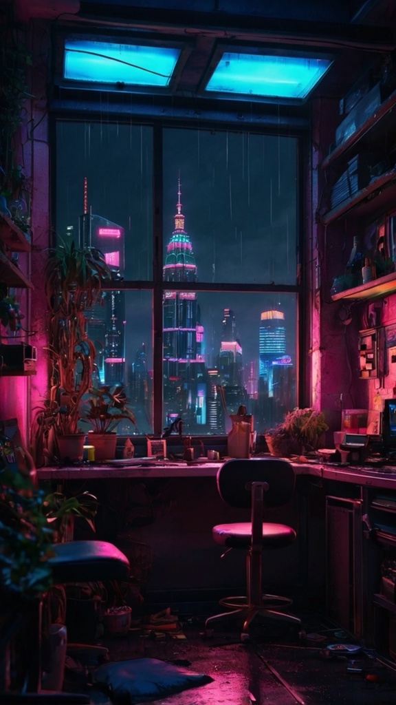 Cyberpunk Apartment Night View – Futuristic Neon City AI Wallpaper Pack (10 Images)