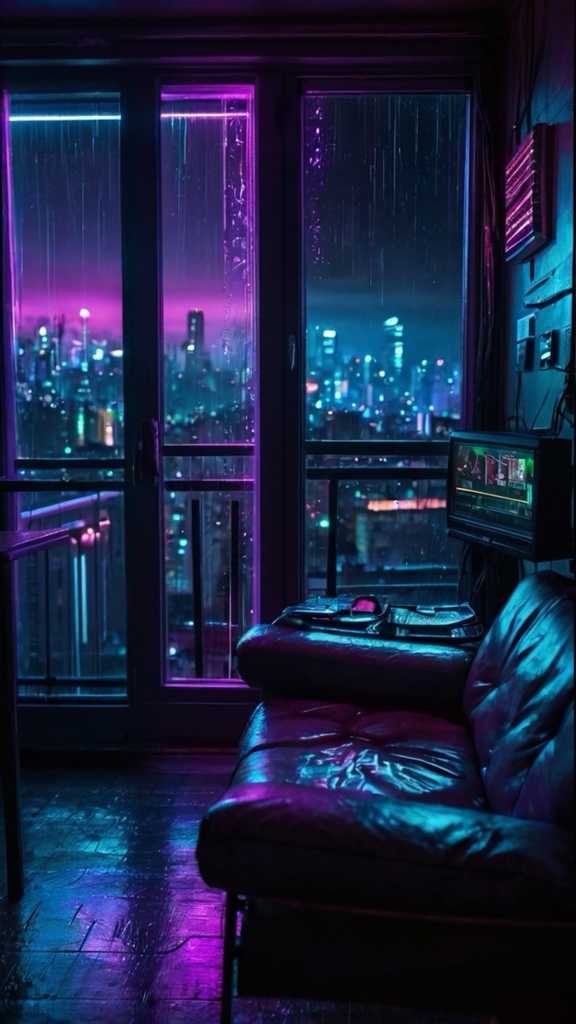 Cyberpunk Apartment Night View – Futuristic Neon City AI Wallpaper Pack (10 Images)
