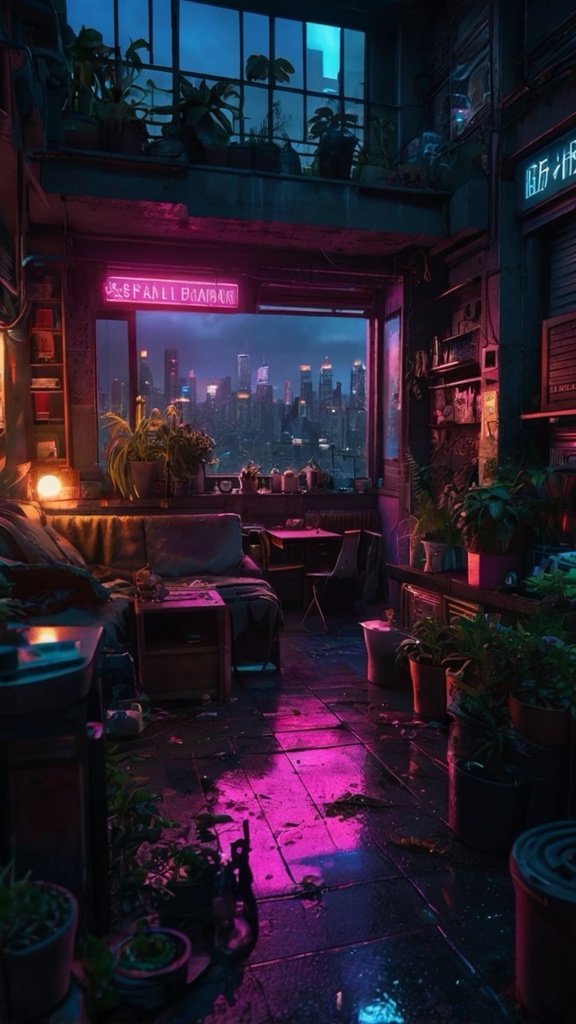 Cyberpunk Apartment Night View – Futuristic Neon City AI Wallpaper Pack (10 Images)