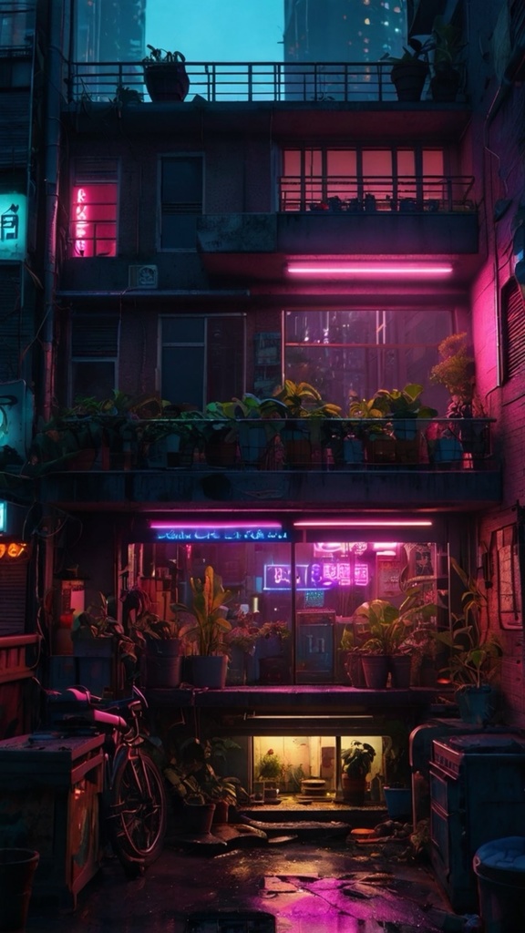 Cyberpunk Apartment Night View – Futuristic Neon City AI Wallpaper Pack (10 Images)