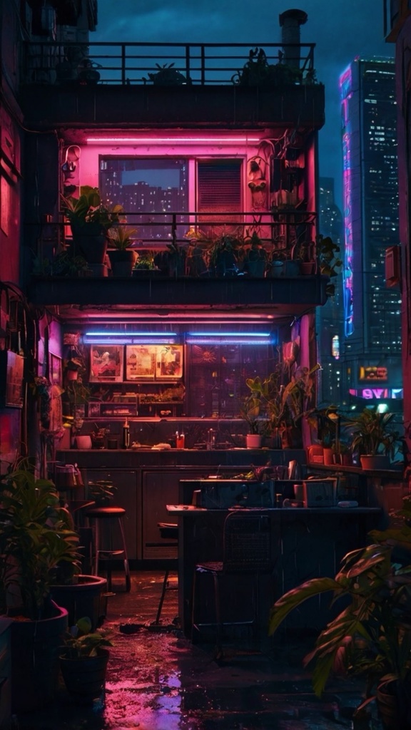 Cyberpunk Apartment Night View – Futuristic Neon City AI Wallpaper Pack (10 Images)