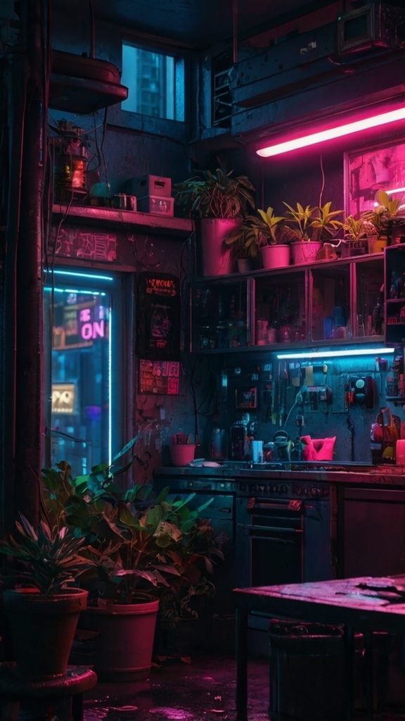 Cyberpunk Apartment Night View – Futuristic Neon City AI Wallpaper Pack (10 Images)