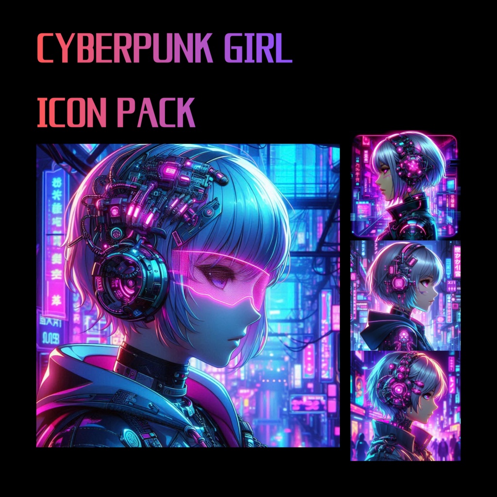 Cyberpunk Girl Icon Pack – Futuristic Neon Anime Profile Icons (40 Images)