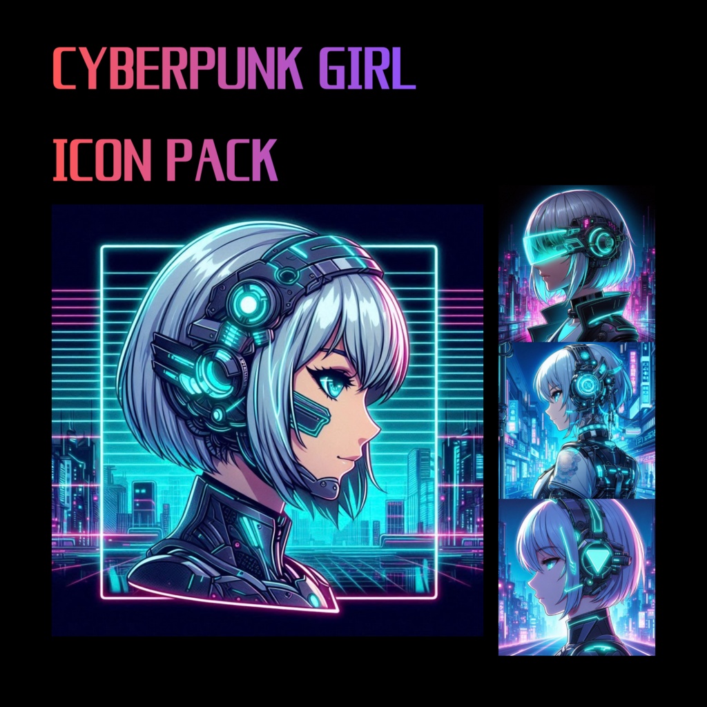 Cyberpunk Girl Icon Pack – Futuristic Neon Anime Profile Icons (40 Images)