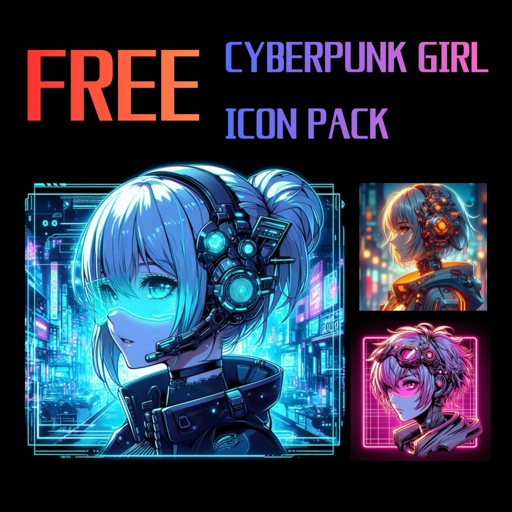FREE Cyberpunk Girl Icon Pack – Anime Neon Profile Icons (3 Images Sample)