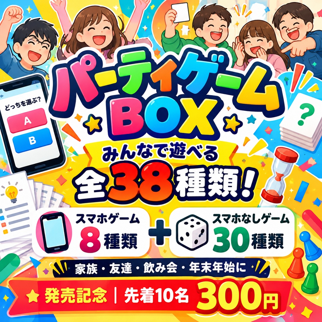 パーティゲームBOX｜みんなで遊べる全38種類！スマホゲーム8種＋スマホなし30種【家族・友達・飲み会に】