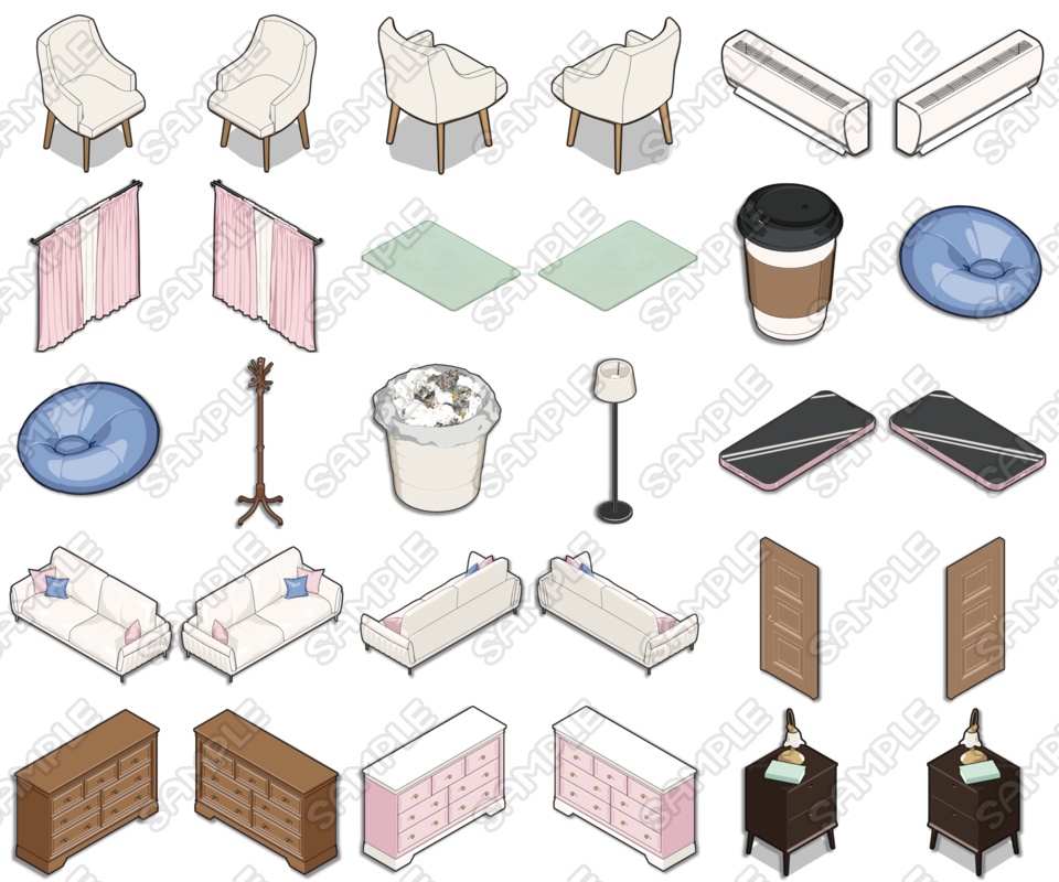 ゲームやイラストに使える!ピンク系お部屋素材セット【PNG/28パーツ】