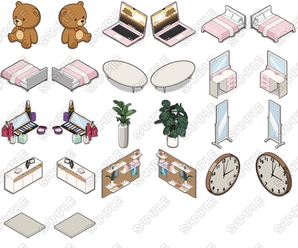 ゲームやイラストに使える!ピンク系お部屋素材セット【PNG/28パーツ】