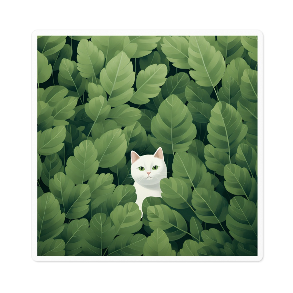 White cat hides in leaves