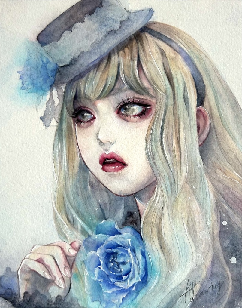 【特典付き】ドローイング「薔薇色の心臓〜baby blue〜」（ラフ&カレンダー付き）