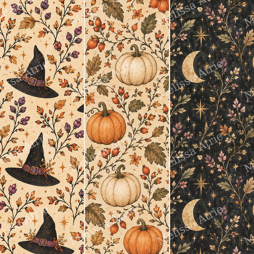 秋色の魔女と植物のハロウィン デジタルペーパー12枚|Autumn Witch【背景素材・商用利用OK】