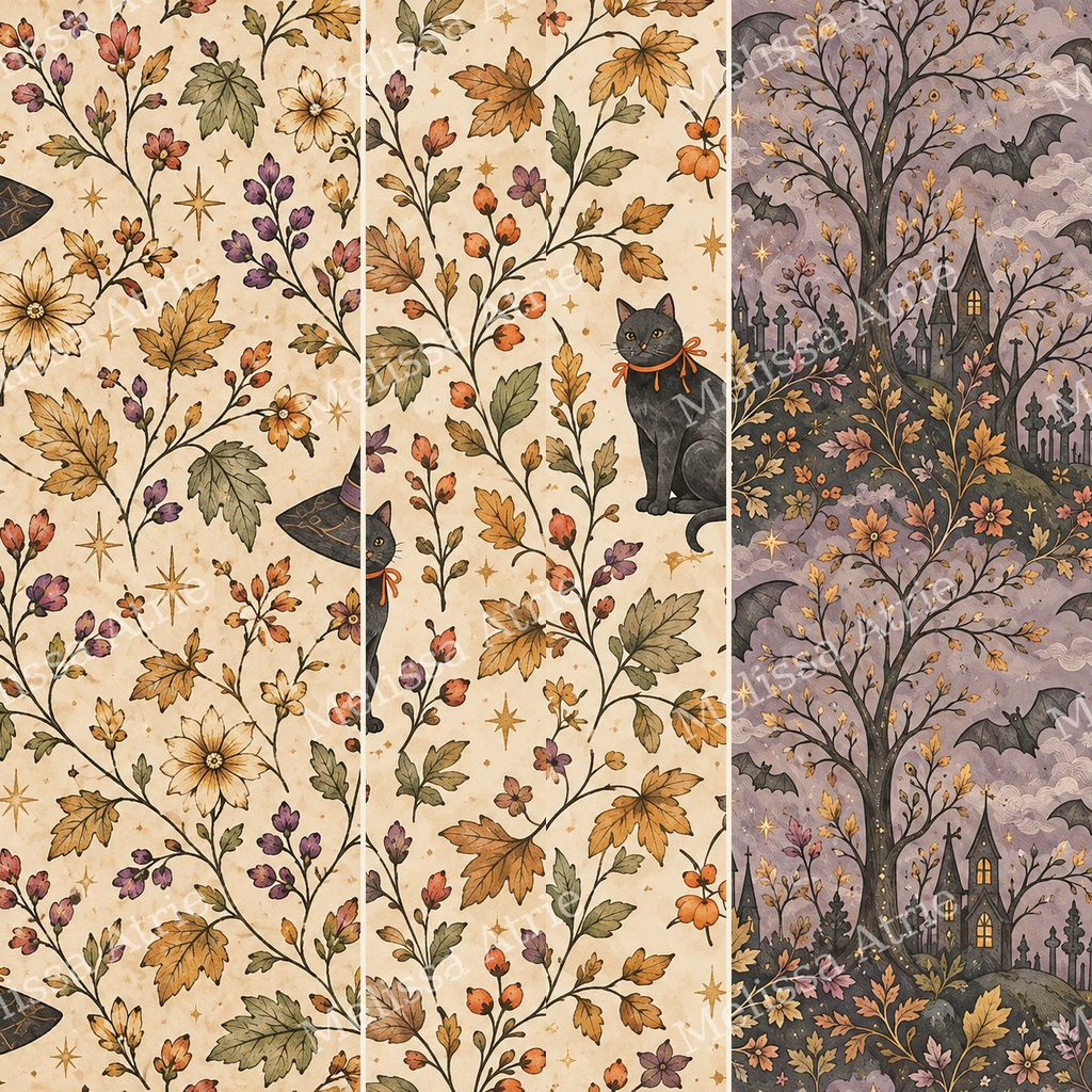 秋色の魔女と植物のハロウィン デジタルペーパー12枚|Autumn Witch【背景素材・商用利用OK】