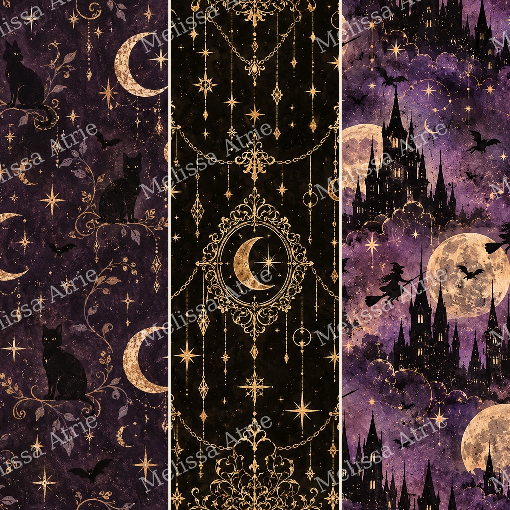 月夜と黒猫の幻想ハロウィン デジタルペーパー12枚|Mystic Moon【背景素材・商用利用OK】