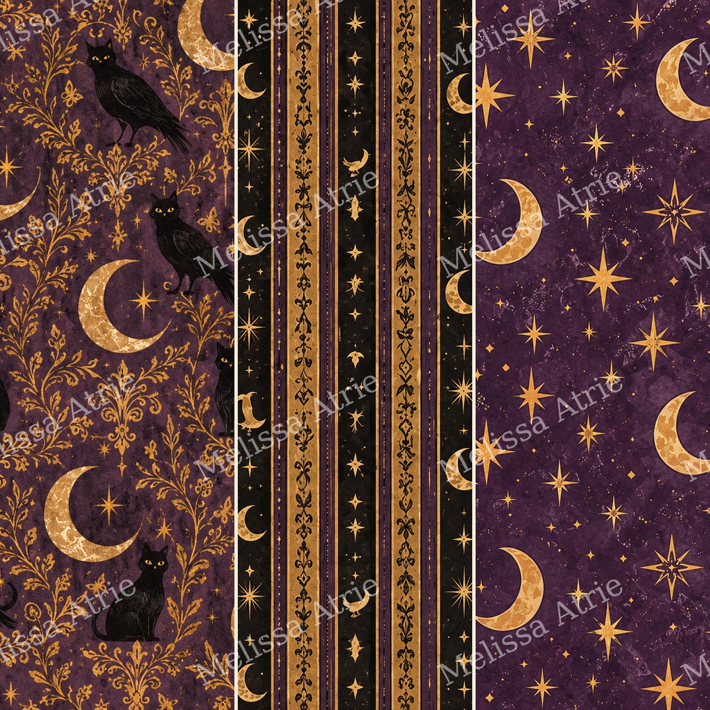月夜と黒猫の幻想ハロウィン デジタルペーパー12枚|Mystic Moon【背景素材・商用利用OK】