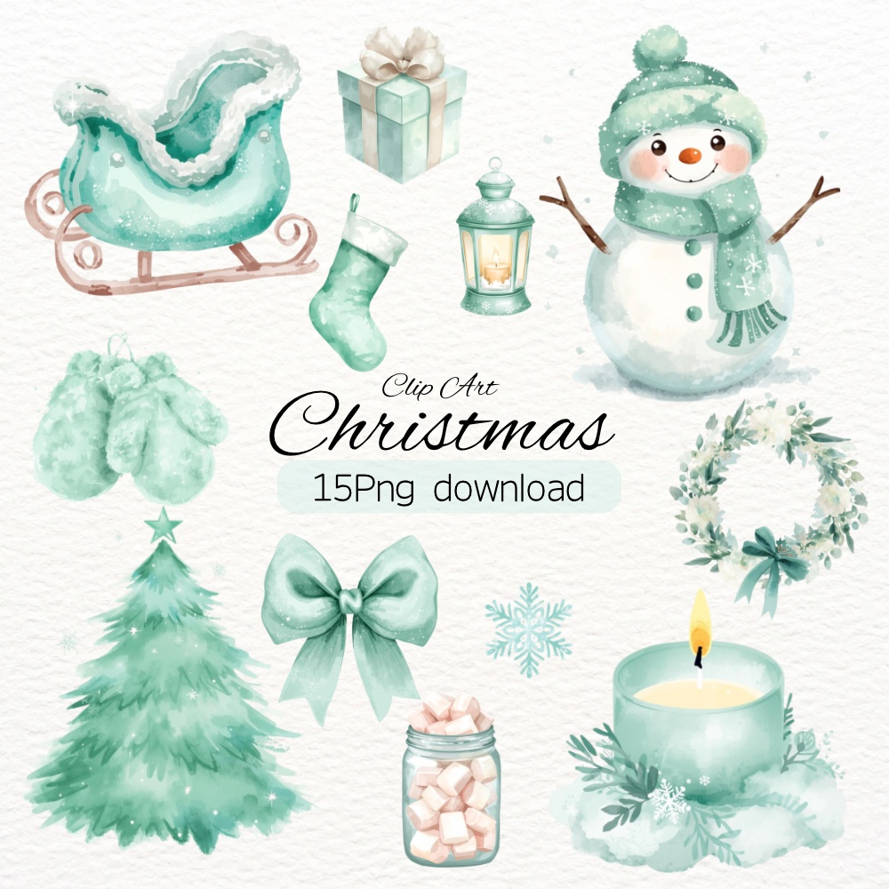 ミント×ホワイト ふわふわ水彩クリスマスコレクション(PNG形式)